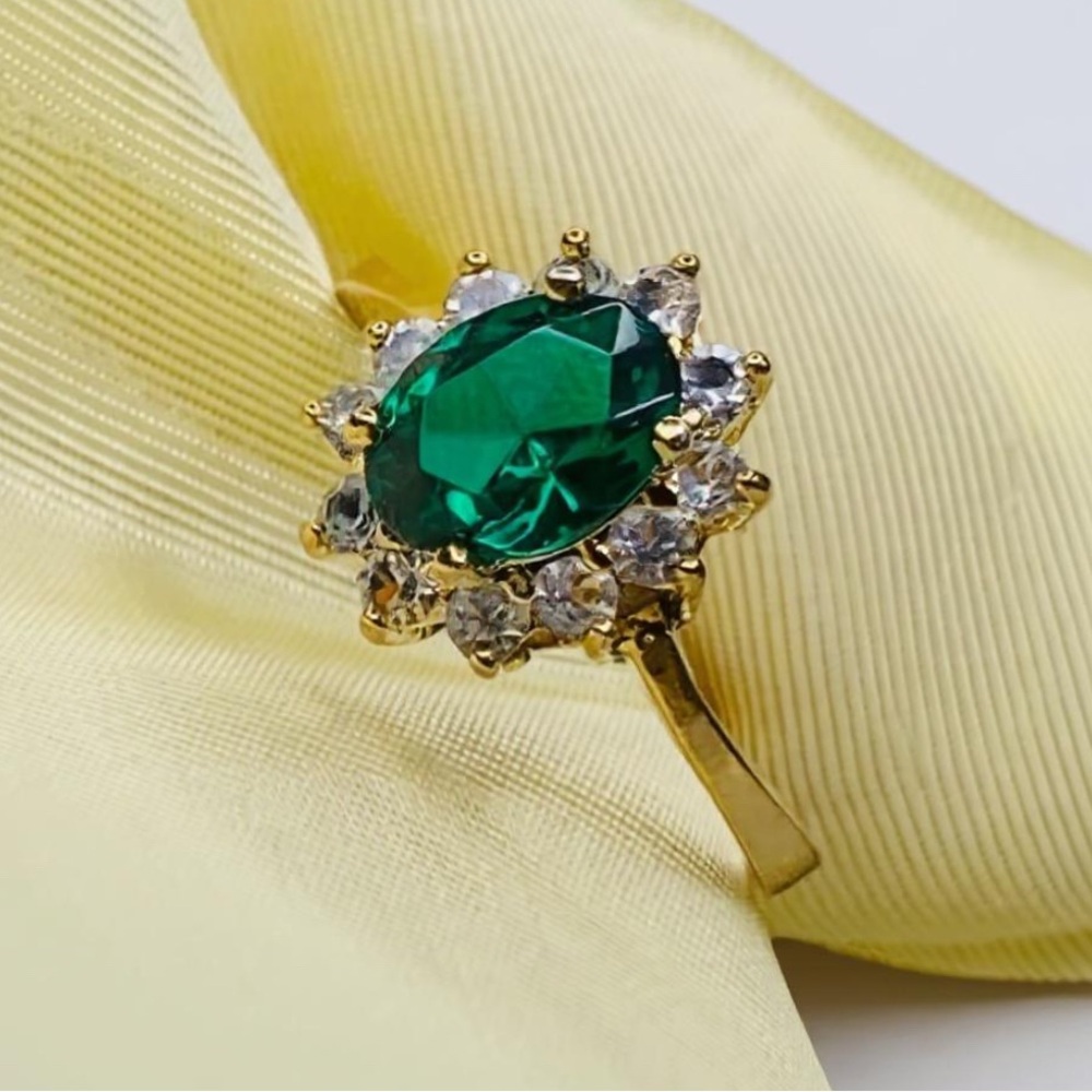Vintage Princess Diana Inspired Emerald Ring with Diamond Halo - Picture 2 of 6